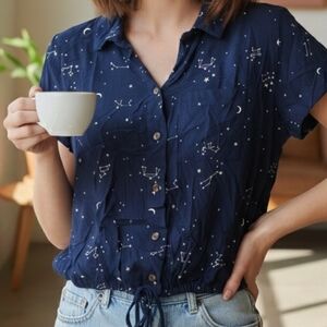 [[No Boundaries]] Navy Blue Constellation Print Button Down Shirt